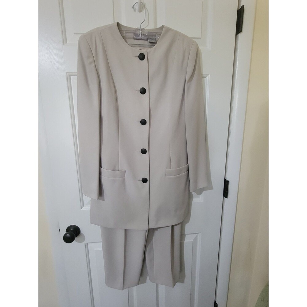 Vtg 90s Liz Claiborne Pantsuit Beige Collarless Longline Blazer Trouser Set 10